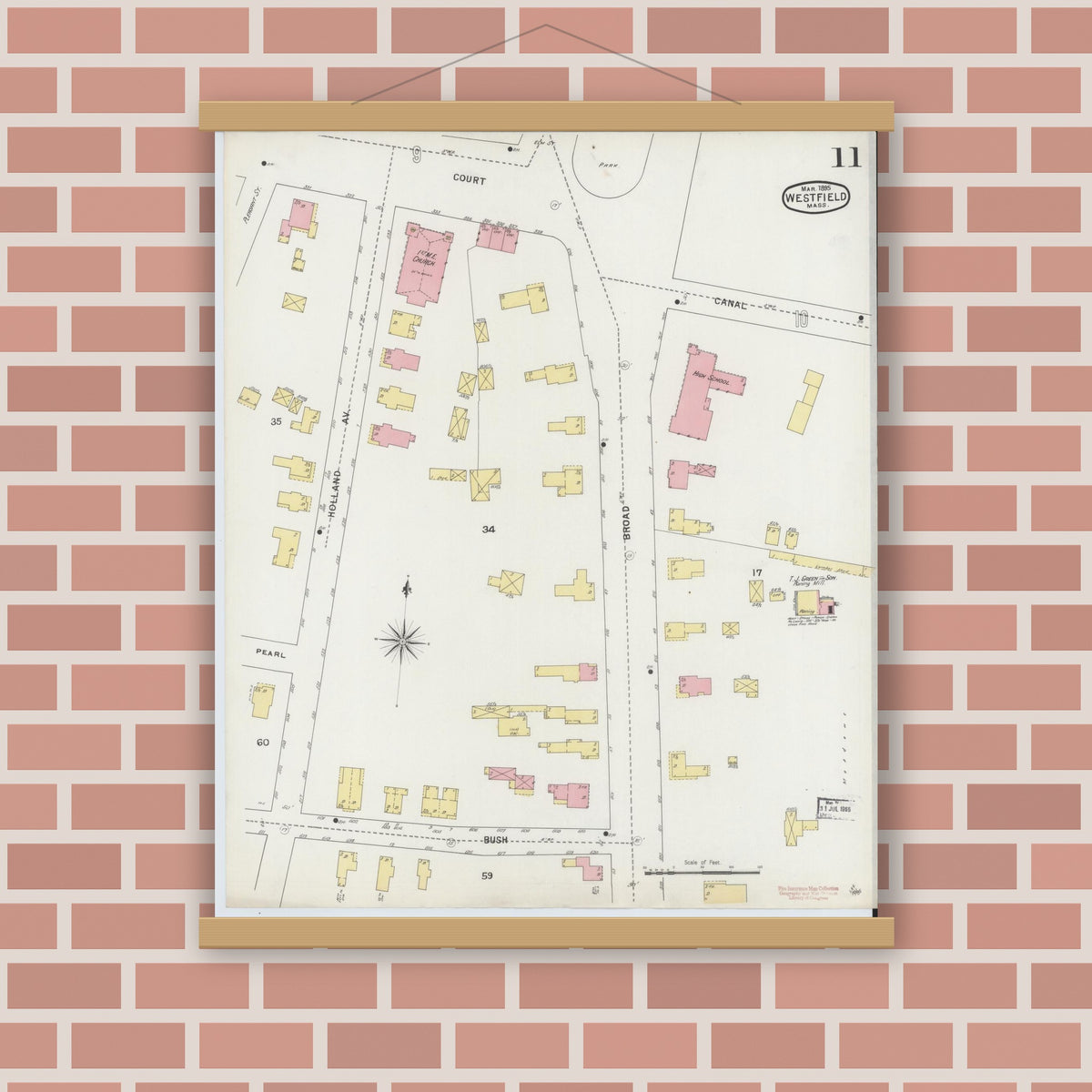 Old map wall art mockup — magnetic wood frame on brick wall — Sanborn Fire Insurance Map from Westfield, Hampden County, Massachusetts (1895), Sheet #0011