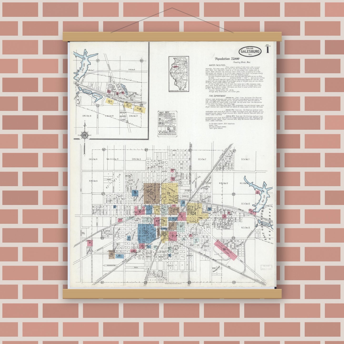 Old map wall art mockup — magnetic wood frame on brick wall — Sanborn Fire Insurance Map from Galesburg, Knox County, Illinois (1918), Sheet #0001
