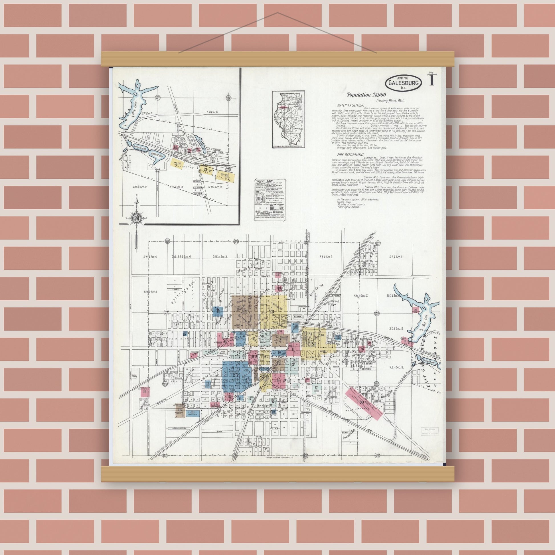 Old map wall art mockup — magnetic wood frame on brick wall — Sanborn Fire Insurance Map from Galesburg, Knox County, Illinois (1918), Sheet #0001