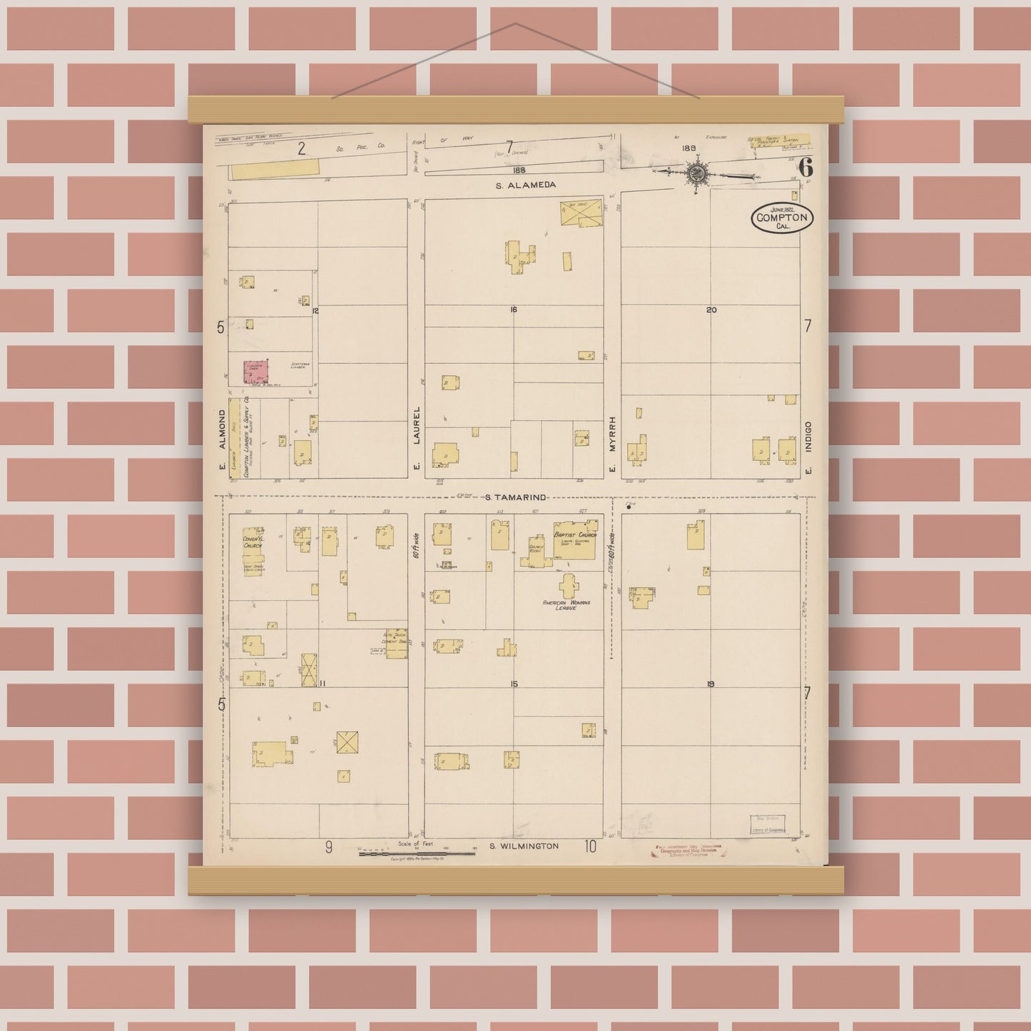 Old map wall art mockup — magnetic wood frame on brick wall — Sanborn Fire Insurance Map from Compton, Los Angeles County, California (1922), Sheet #0006