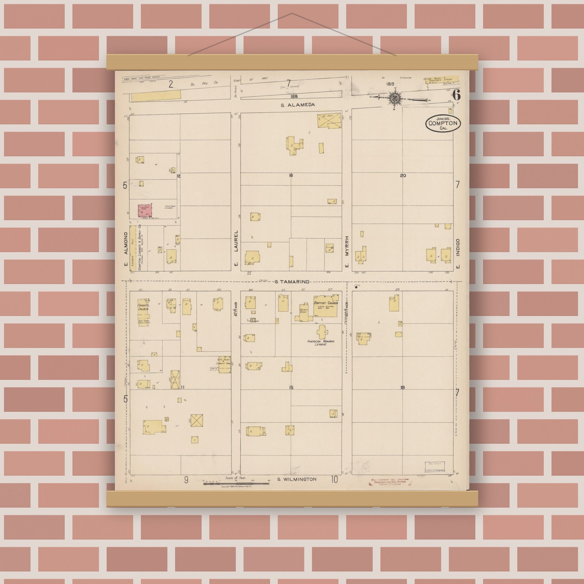 Old map wall art mockup — magnetic wood frame on brick wall — Sanborn Fire Insurance Map from Compton, Los Angeles County, California (1922), Sheet #0006