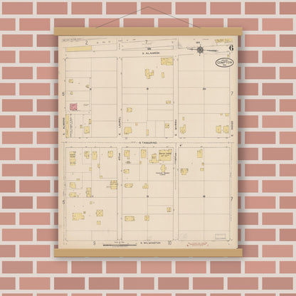 Old map wall art mockup — magnetic wood frame on brick wall — Sanborn Fire Insurance Map from Compton, Los Angeles County, California (1922), Sheet #0006