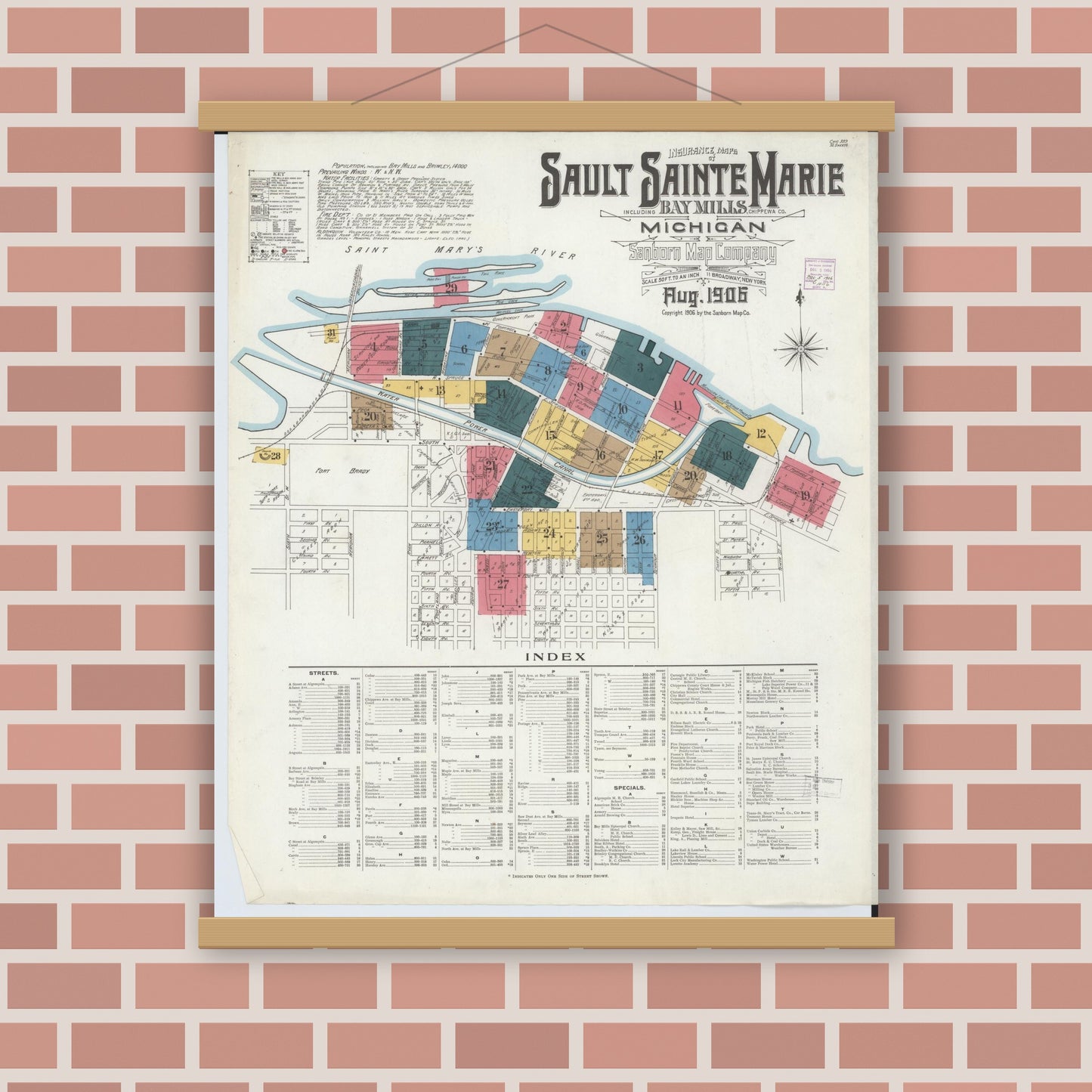 Old map wall art mockup — magnetic wood frame on brick wall — Sanborn Fire Insurance Map from Sault Sainte Marie, Chippewa County, Michigan (1906) - Complete Map Set