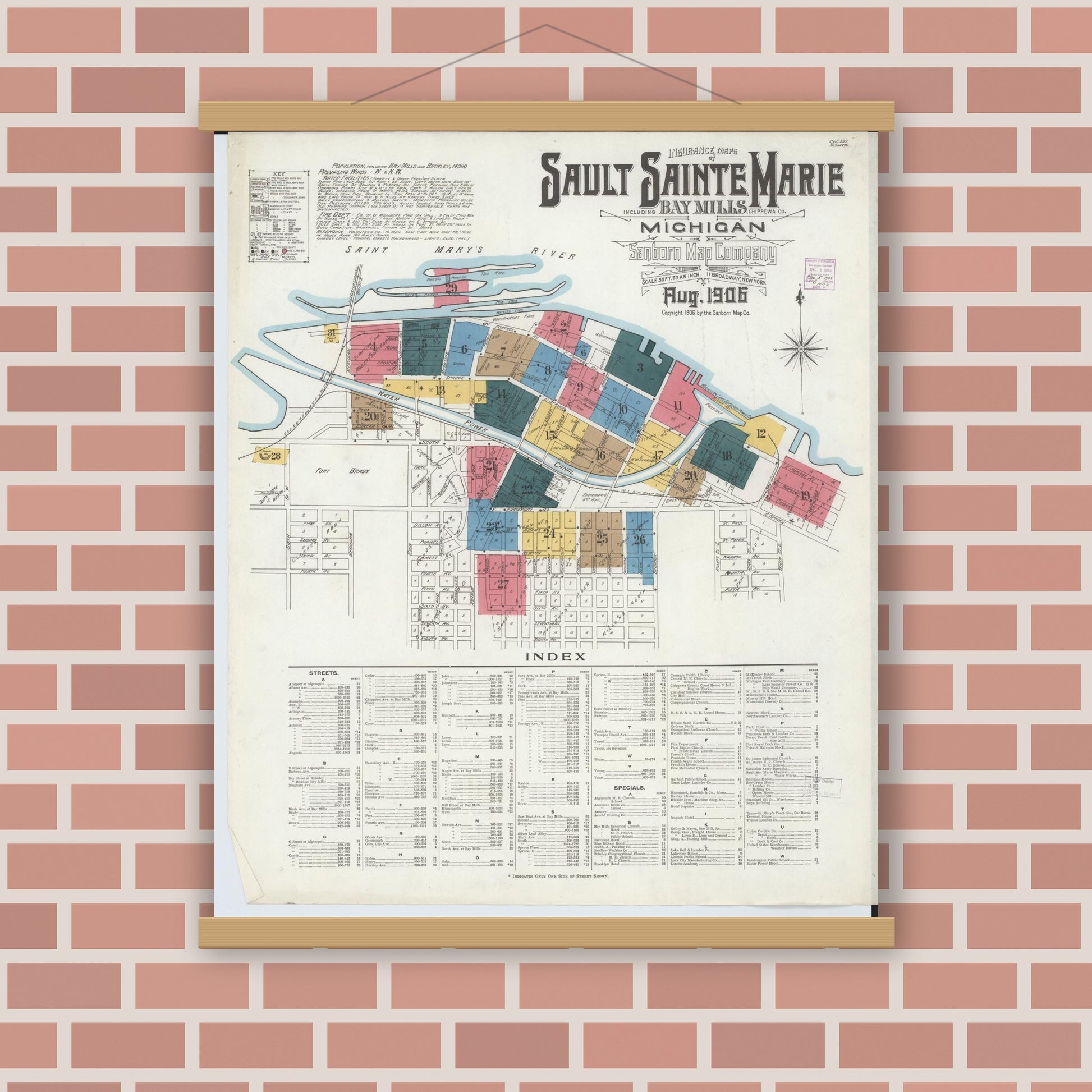 Old map wall art mockup — magnetic wood frame on brick wall — Sanborn Fire Insurance Map from Sault Sainte Marie, Chippewa County, Michigan (1906) - Complete Map Set