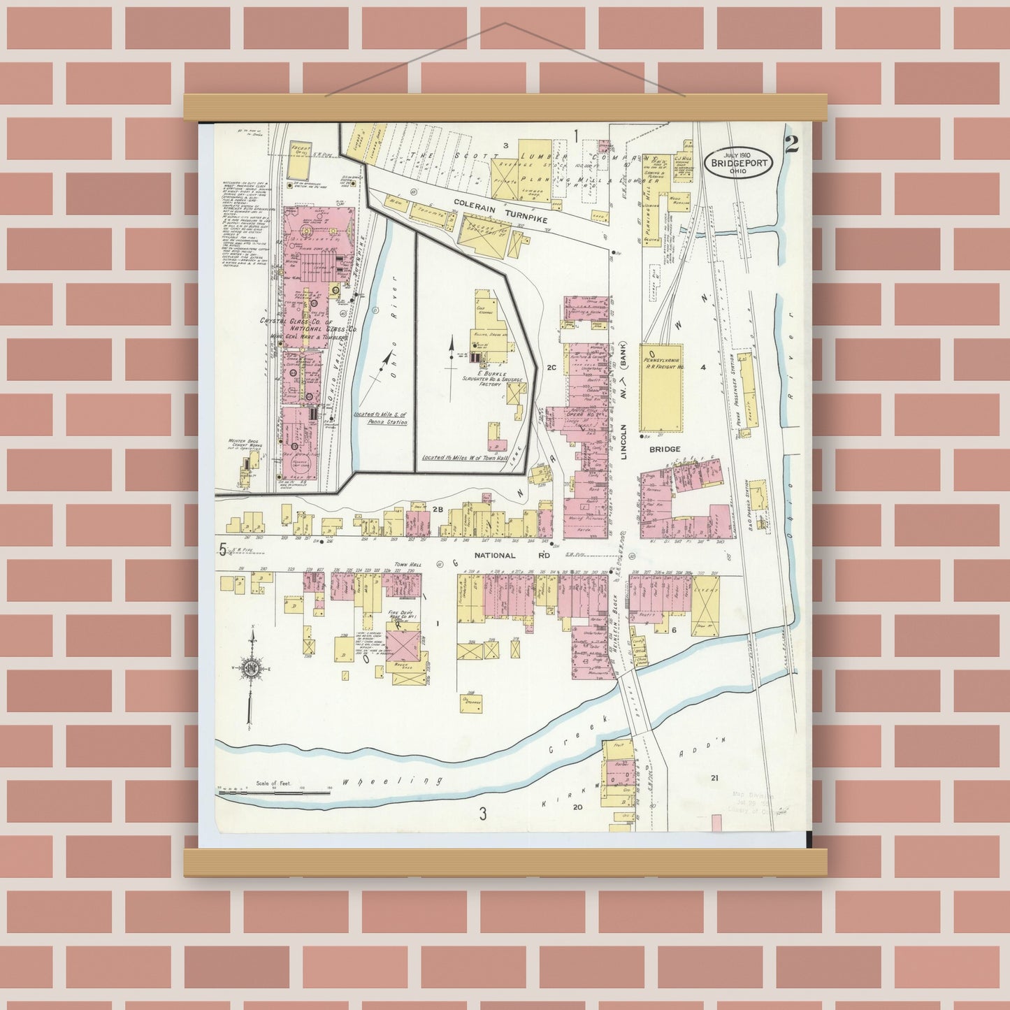 Old map wall art mockup — magnetic wood frame on brick wall — Sanborn Fire Insurance Map from Bridgeport, Belmont County, Ohio (1910), Sheet #0002