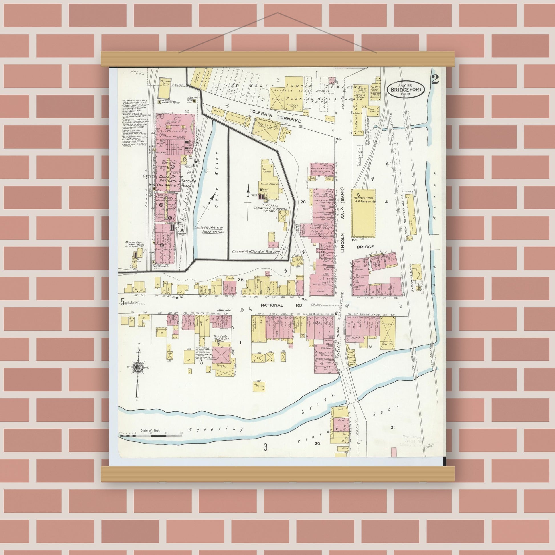 Old map wall art mockup — magnetic wood frame on brick wall — Sanborn Fire Insurance Map from Bridgeport, Belmont County, Ohio (1910), Sheet #0002