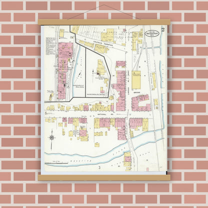 Old map wall art mockup — magnetic wood frame on brick wall — Sanborn Fire Insurance Map from Bridgeport, Belmont County, Ohio (1910), Sheet #0002