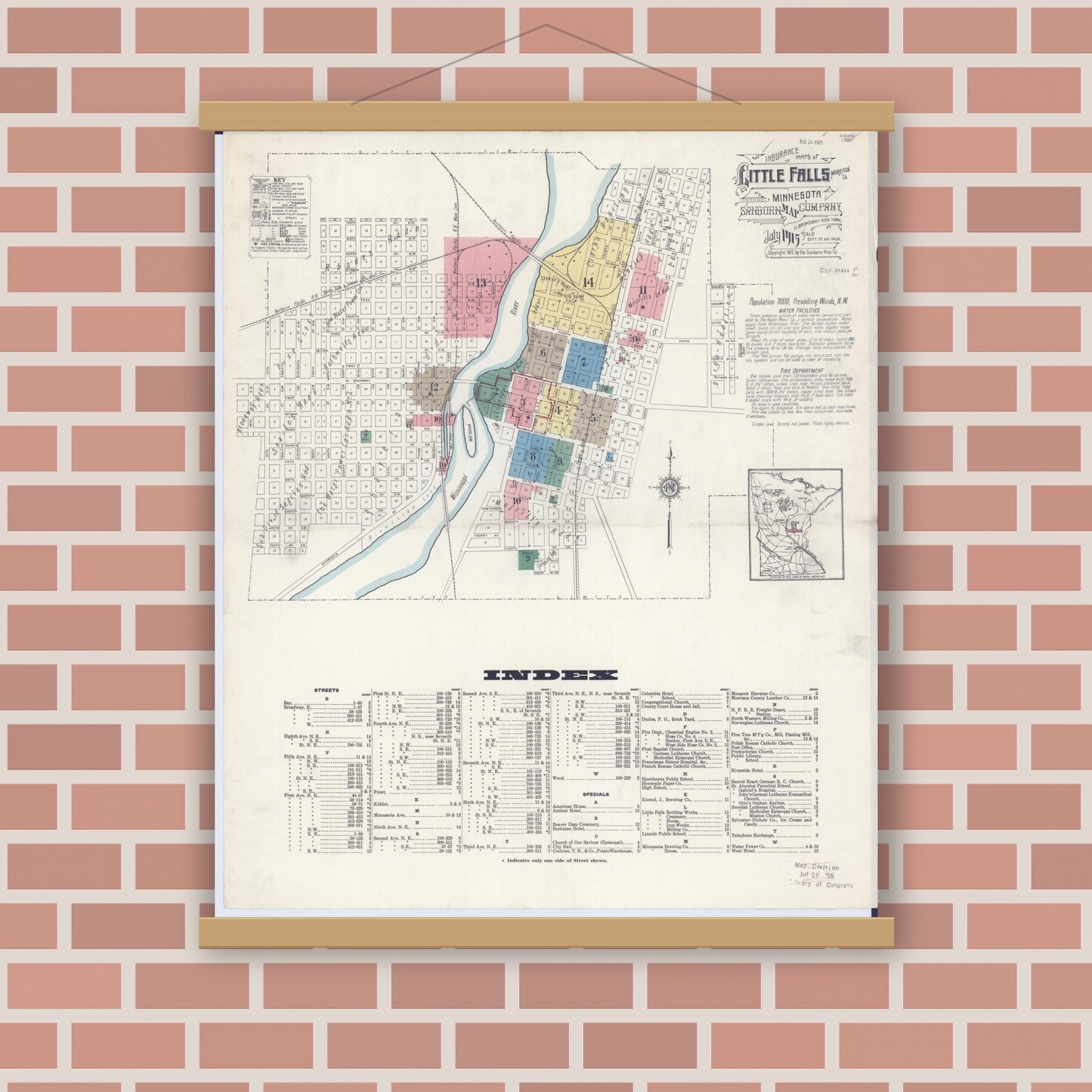 Old map wall art mockup — magnetic wood frame on brick wall — Sanborn Fire Insurance Map from Little Falls, Morrison County, Minnesota (1915), Sheet #0001