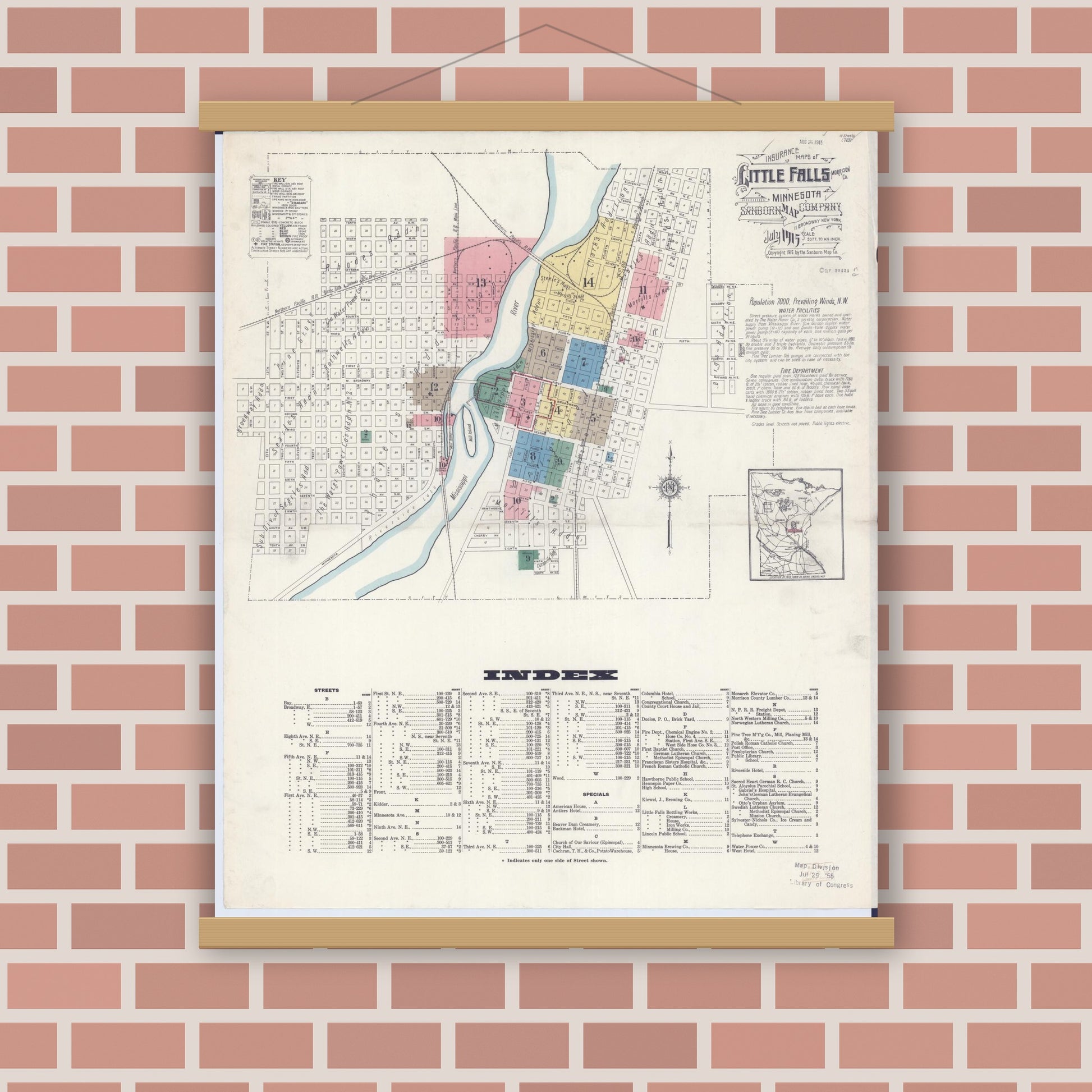 Old map wall art mockup — magnetic wood frame on brick wall — Sanborn Fire Insurance Map from Little Falls, Morrison County, Minnesota (1915), Sheet #0001