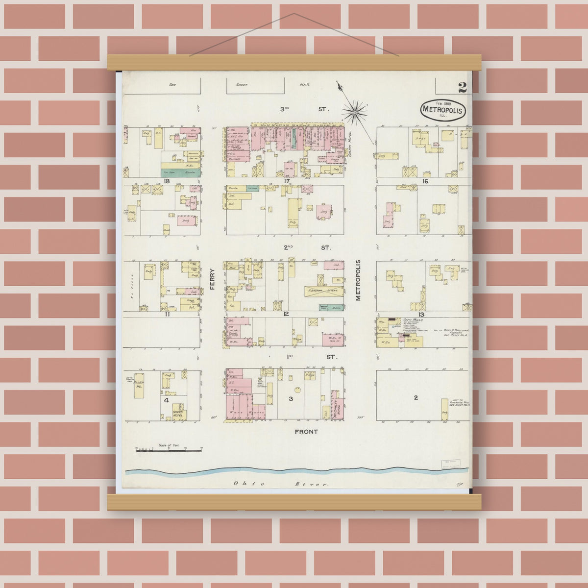 Old map wall art mockup — magnetic wood frame on brick wall — Sanborn Fire Insurance Map from Metropolis, Massac County, Illinois (1888), Sheet #0002