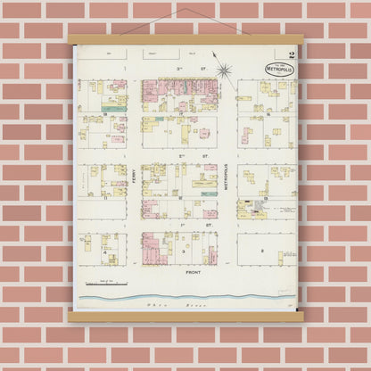 Old map wall art mockup — magnetic wood frame on brick wall — Sanborn Fire Insurance Map from Metropolis, Massac County, Illinois (1888), Sheet #0002