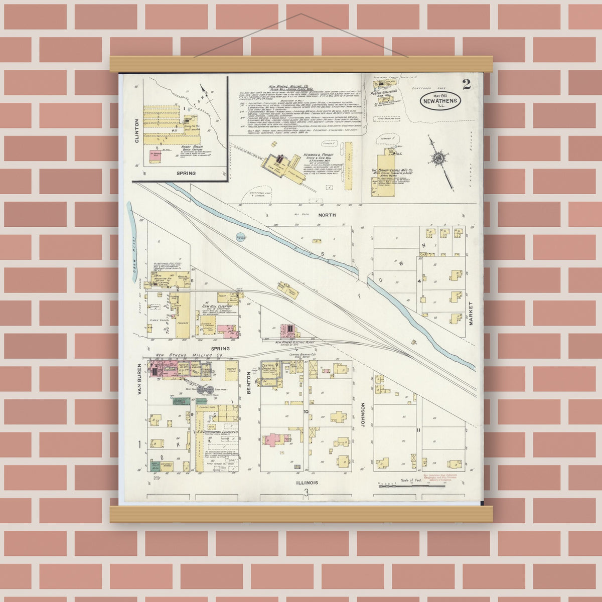 Old map wall art mockup — magnetic wood frame on brick wall — Sanborn Fire Insurance Map from New Athens, Saint Clair County, Illinois (1910), Sheet #0002