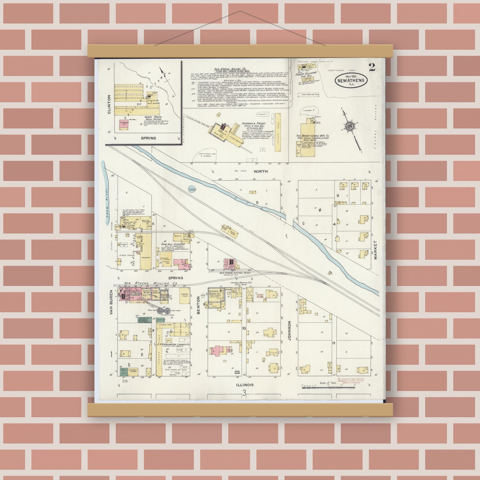 Old map wall art mockup — magnetic wood frame on brick wall — Sanborn Fire Insurance Map from New Athens, Saint Clair County, Illinois (1910), Sheet #0002