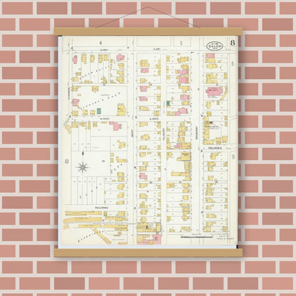 Old map wall art mockup — magnetic wood frame on brick wall — Sanborn Fire Insurance Map from Salem, Columbiana County, Ohio (1903), Sheet #0008