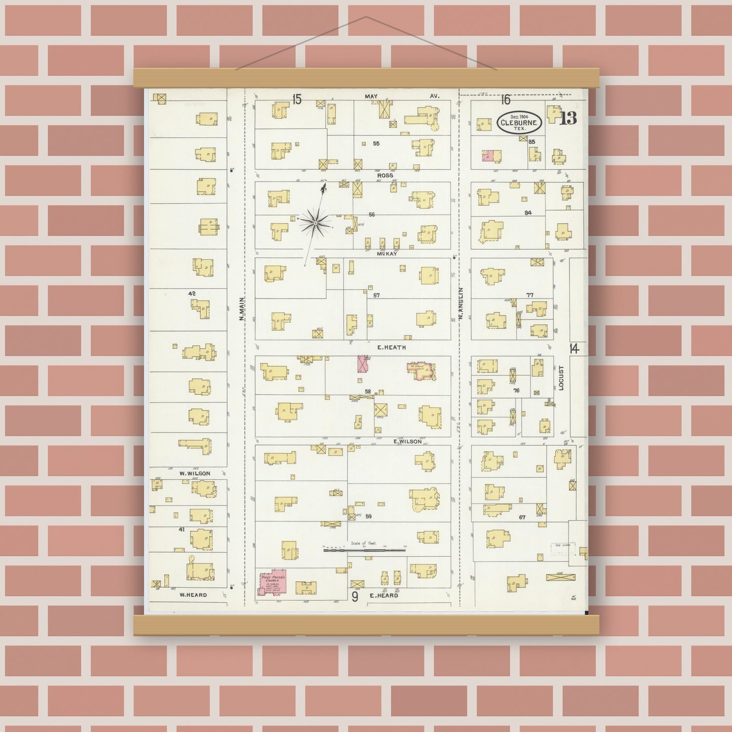 Old map wall art mockup — magnetic wood frame on brick wall — Sanborn Fire Insurance Map from Cleburne, Johnson County, Texas (1904), Sheet #0013