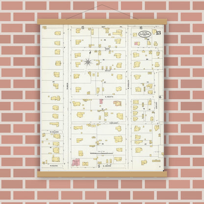 Old map wall art mockup — magnetic wood frame on brick wall — Sanborn Fire Insurance Map from Cleburne, Johnson County, Texas (1904), Sheet #0013