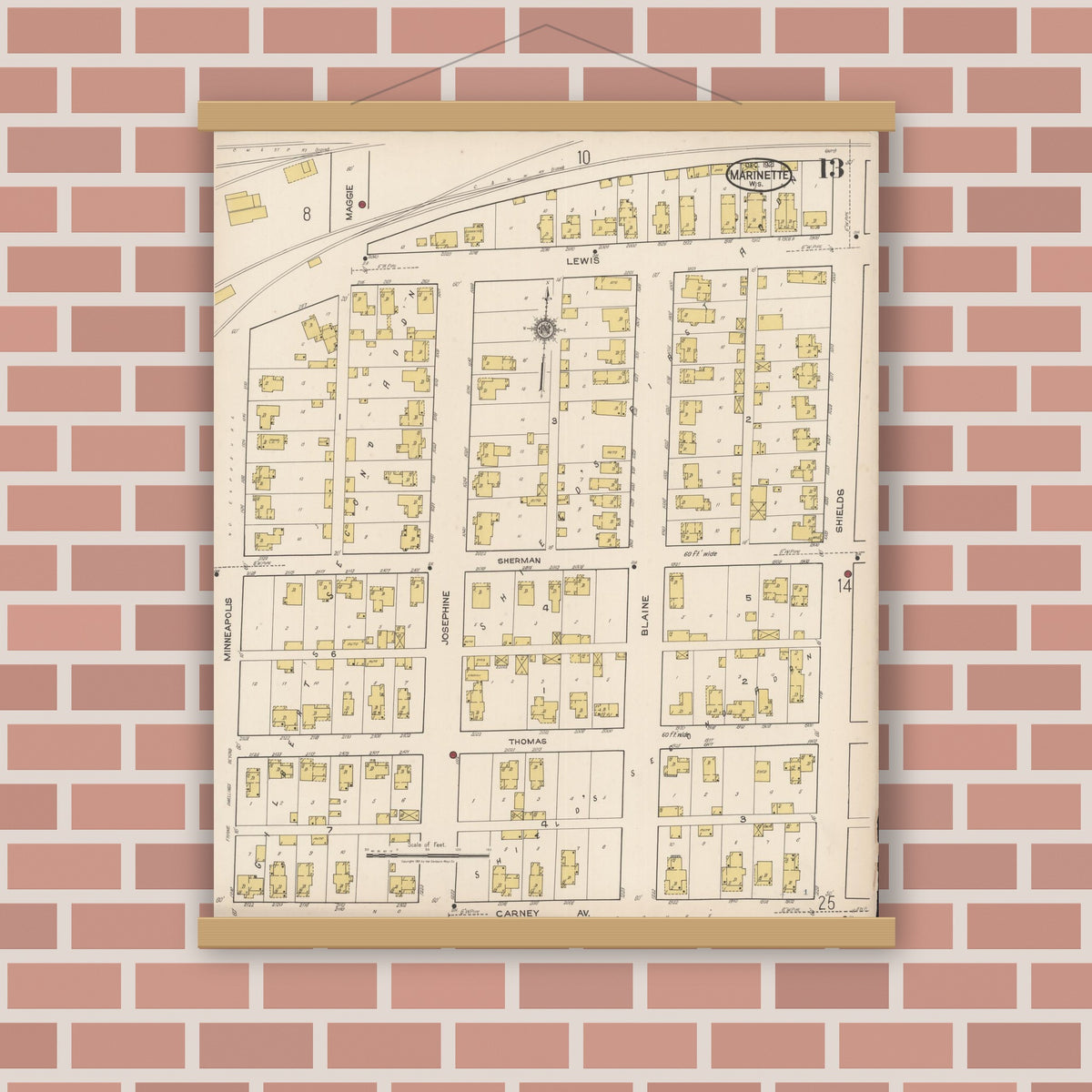 Old map wall art mockup — magnetic wood frame on brick wall — Sanborn Fire Insurance Map from Marinette, Marinette County, Wisconsin (1921), Sheet #0013