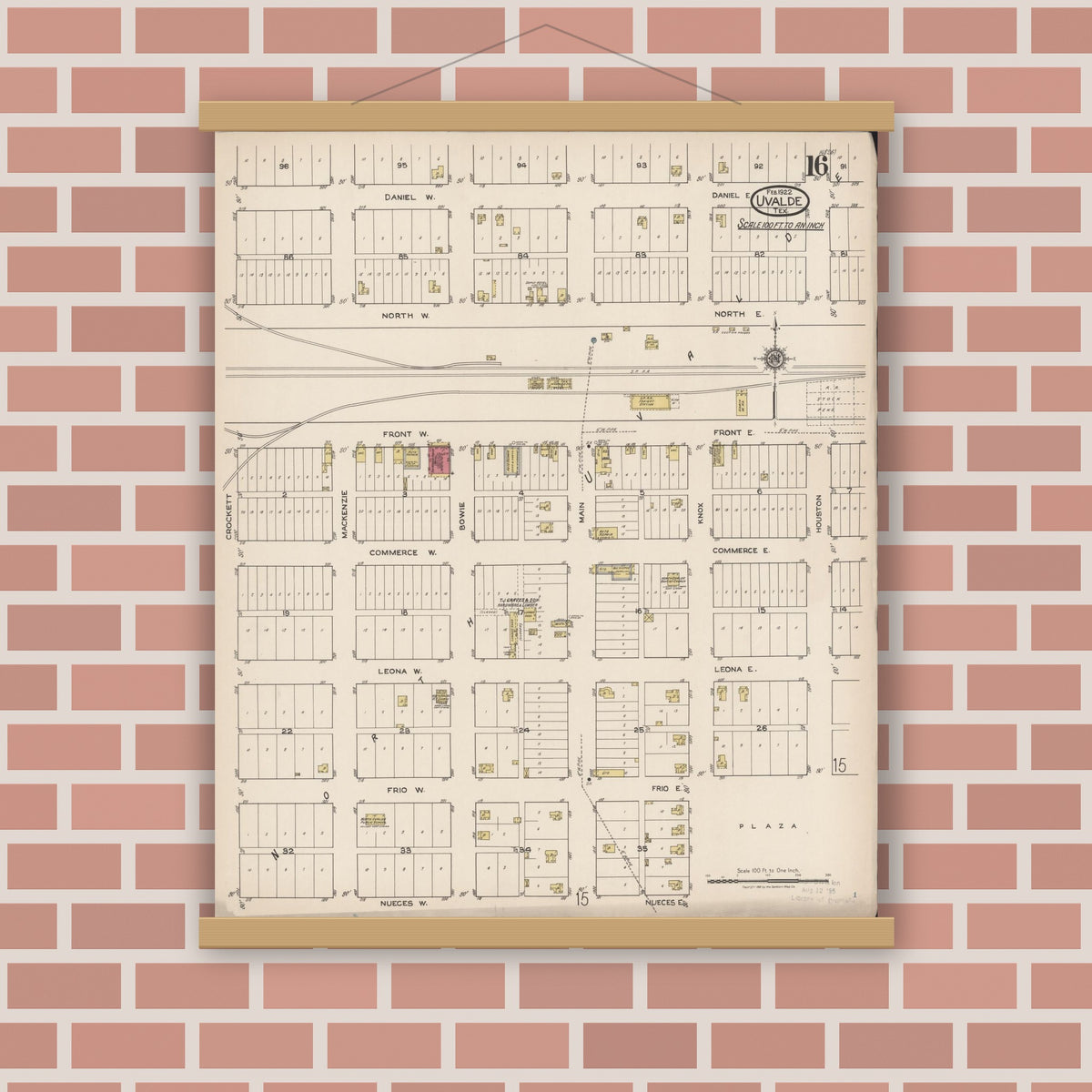 Old map wall art mockup — magnetic wood frame on brick wall — Sanborn Fire Insurance Map from Uvalde, Uvalde County, Texas (1922), Sheet #0016