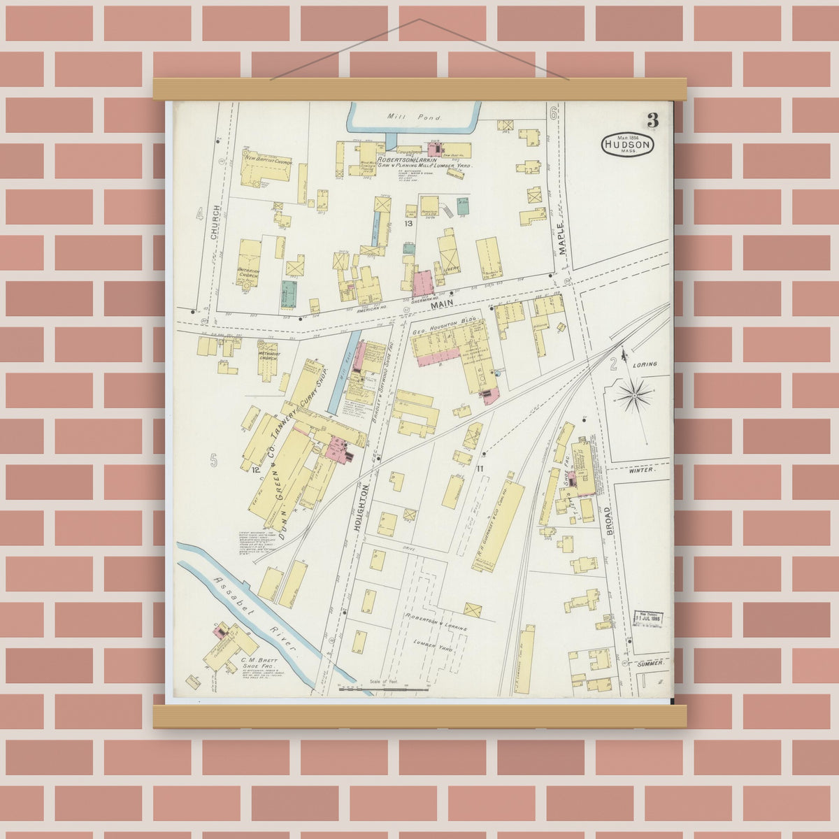 Old map wall art mockup — magnetic wood frame on brick wall — Sanborn Fire Insurance Map from Hudson, Middlesex County, Massachusetts (1894), Sheet #0003