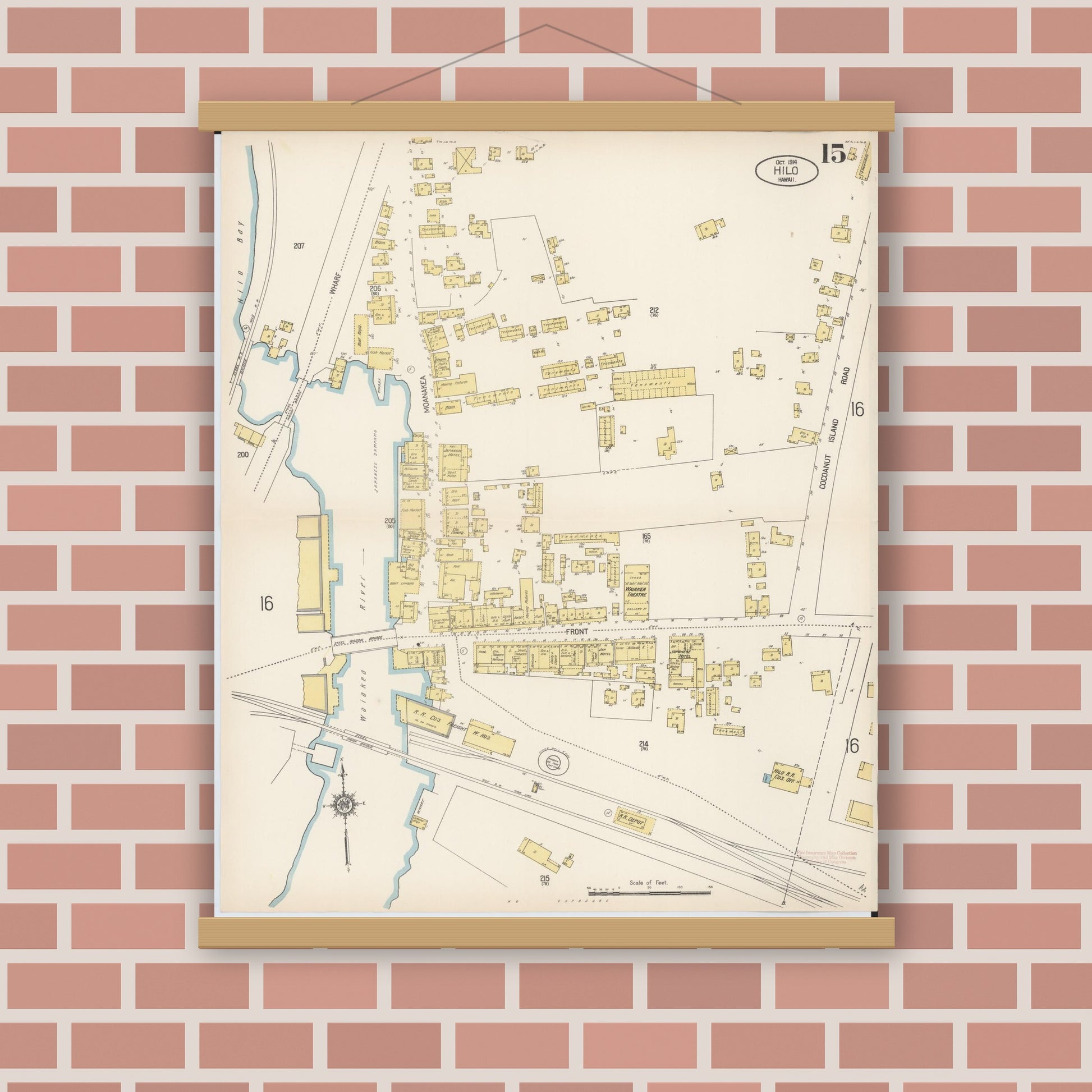 Old map wall art mockup — magnetic wood frame on brick wall — Sanborn Fire Insurance Map from Hilo, Hawaii County, Hawaii (1914), Sheet #0015