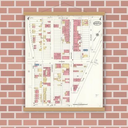 Old map wall art mockup — magnetic wood frame on brick wall — Sanborn Fire Insurance Map from Ambridge, Beaver County, Pennsylvania (1923), Sheet #0004