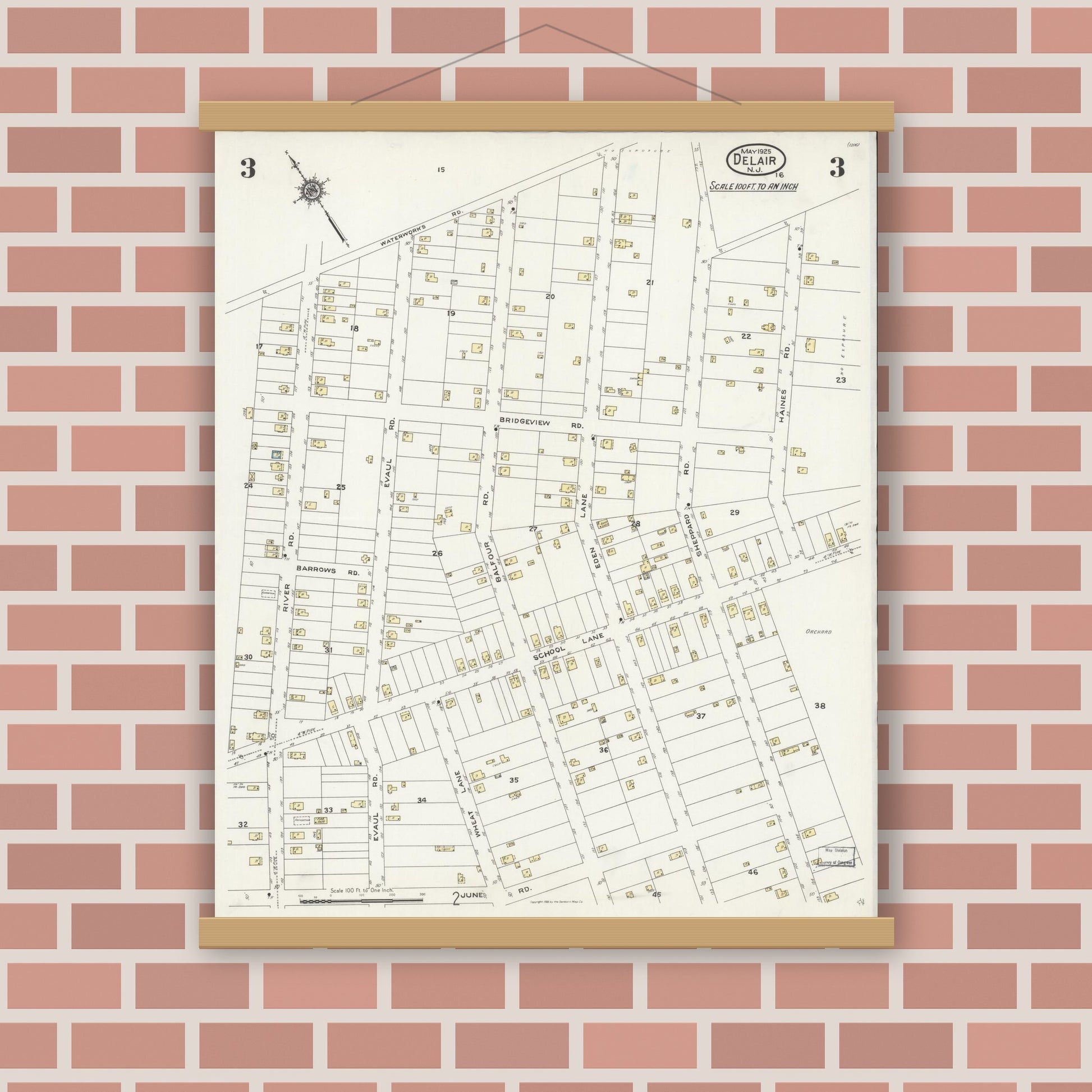 Old map wall art mockup — magnetic wood frame on brick wall — Sanborn Fire Insurance Map from Delair, Camden County, New Jersey (1925), Sheet #0003