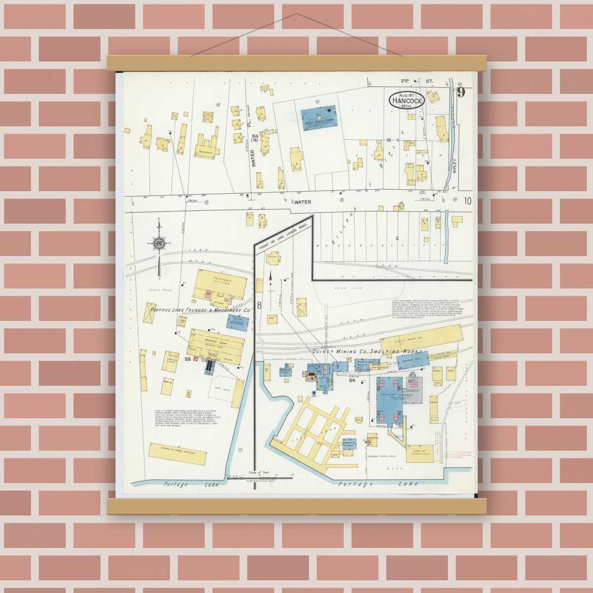 Old map wall art mockup — magnetic wood frame on brick wall — Sanborn Fire Insurance Map from Hancock, Houghton County, Michigan (1917), Sheet #0009
