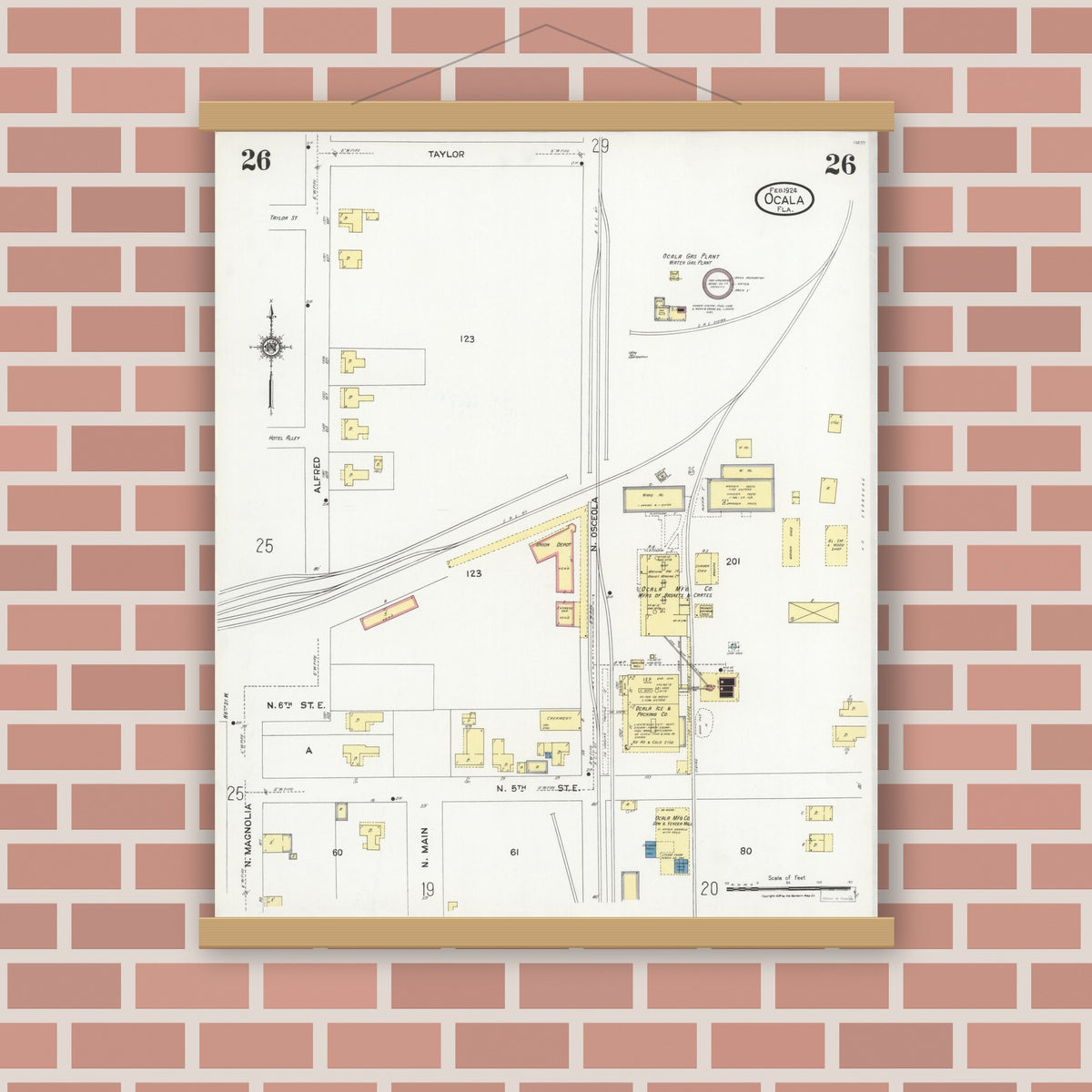 Old map wall art mockup — magnetic wood frame on brick wall — Sanborn Fire Insurance Map from Ocala, Marion County, Florida (1924), Sheet #0026