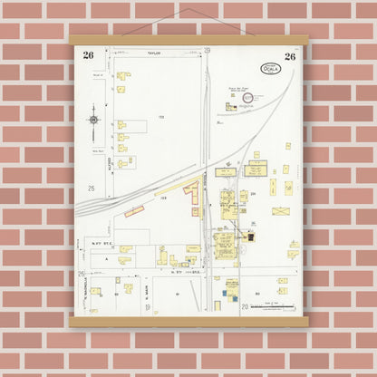 Old map wall art mockup — magnetic wood frame on brick wall — Sanborn Fire Insurance Map from Ocala, Marion County, Florida (1924), Sheet #0026