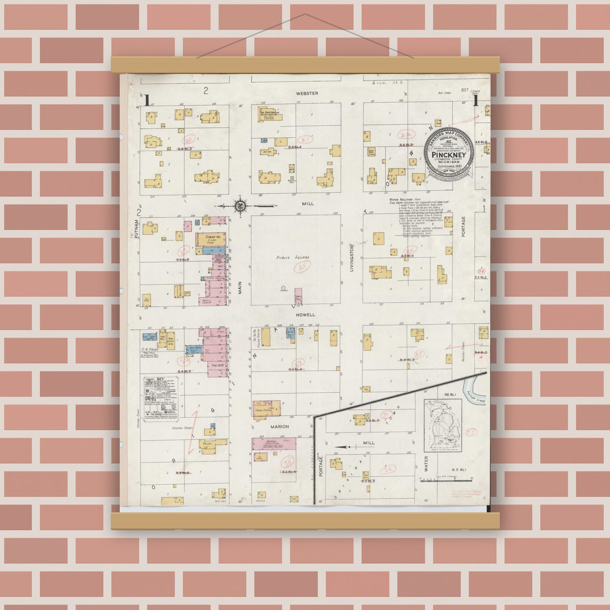 Old map wall art mockup — magnetic wood frame on brick wall — Sanborn Fire Insurance Map from Pinckney, Livingston County, Michigan (1930), Sheet #0001