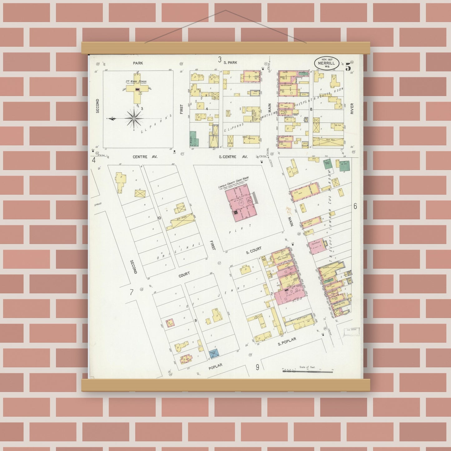 Old map wall art mockup — magnetic wood frame on brick wall — Sanborn Fire Insurance Map from Merrill, Lincoln County, Wisconsin (1907), Sheet #0005