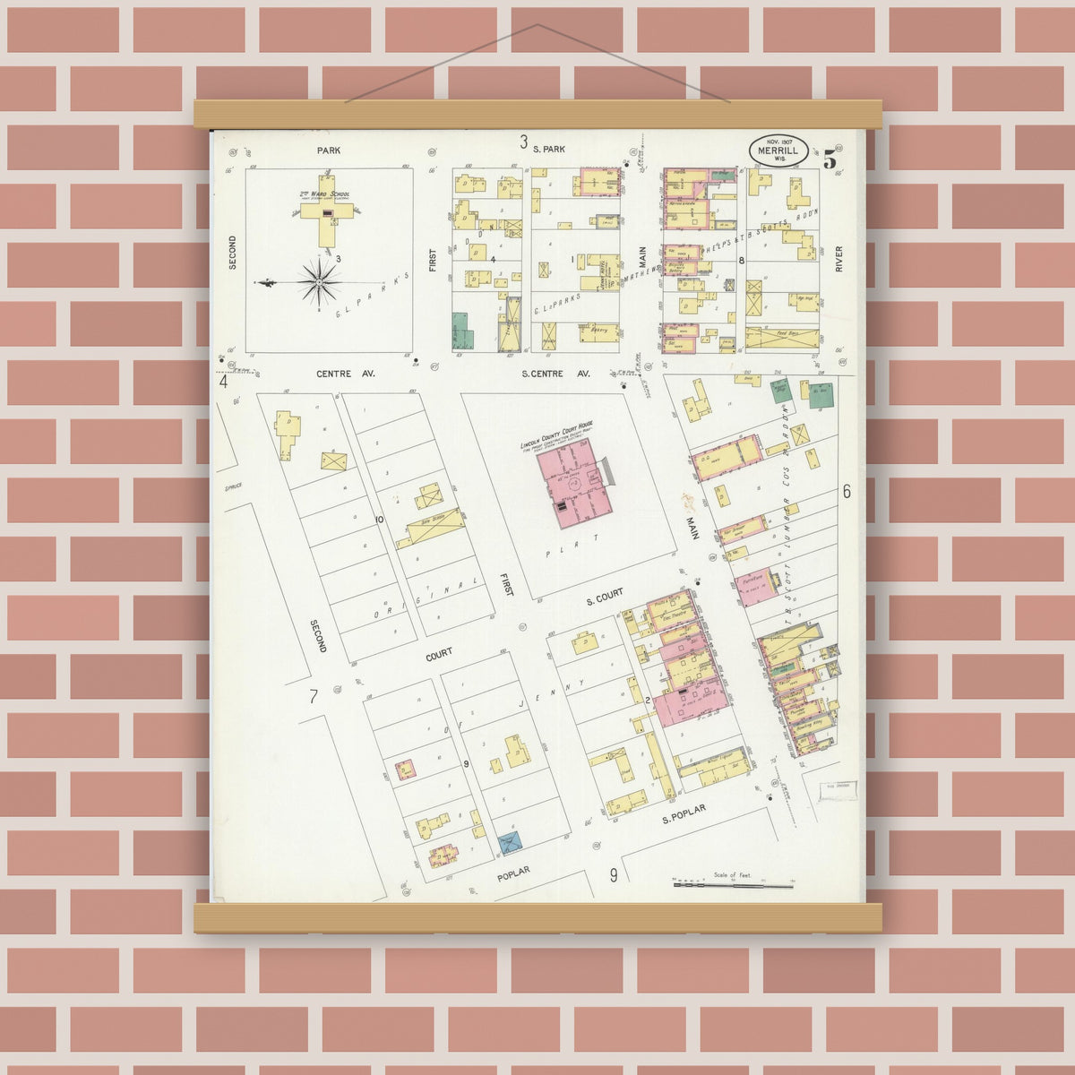 Old map wall art mockup — magnetic wood frame on brick wall — Sanborn Fire Insurance Map from Merrill, Lincoln County, Wisconsin (1907), Sheet #0005