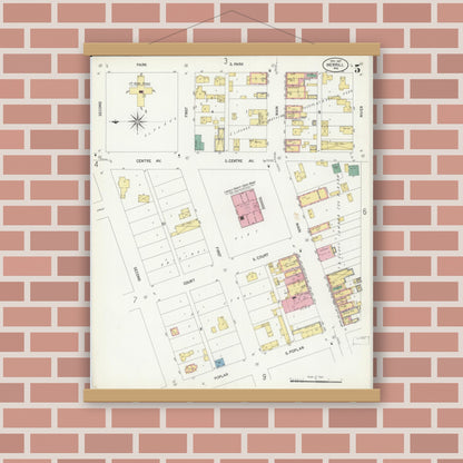 Old map wall art mockup — magnetic wood frame on brick wall — Sanborn Fire Insurance Map from Merrill, Lincoln County, Wisconsin (1907), Sheet #0005