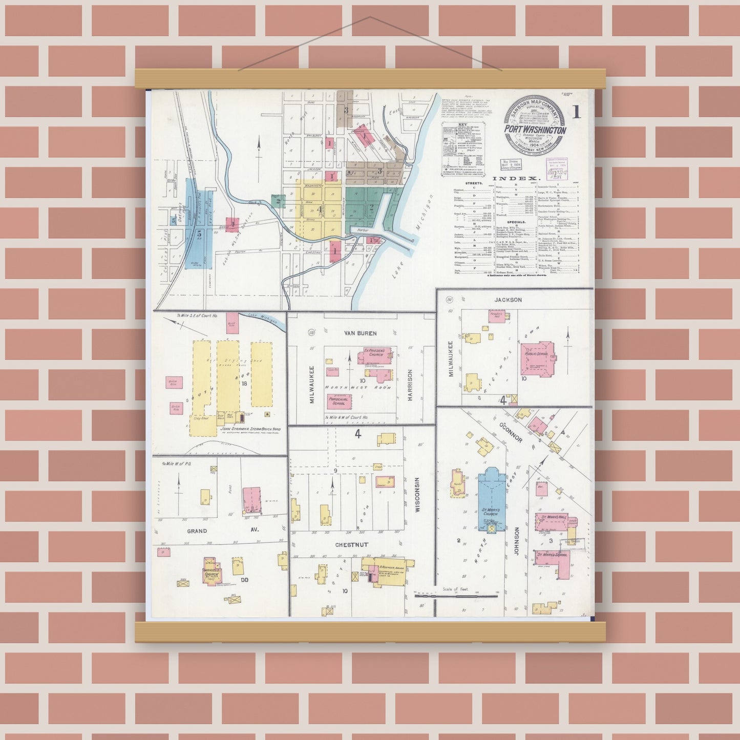 Old map wall art mockup — magnetic wood frame on brick wall — Sanborn Fire Insurance Map from Port Washington, Ozaukee County, Wisconsin (1904) - Complete Map Set