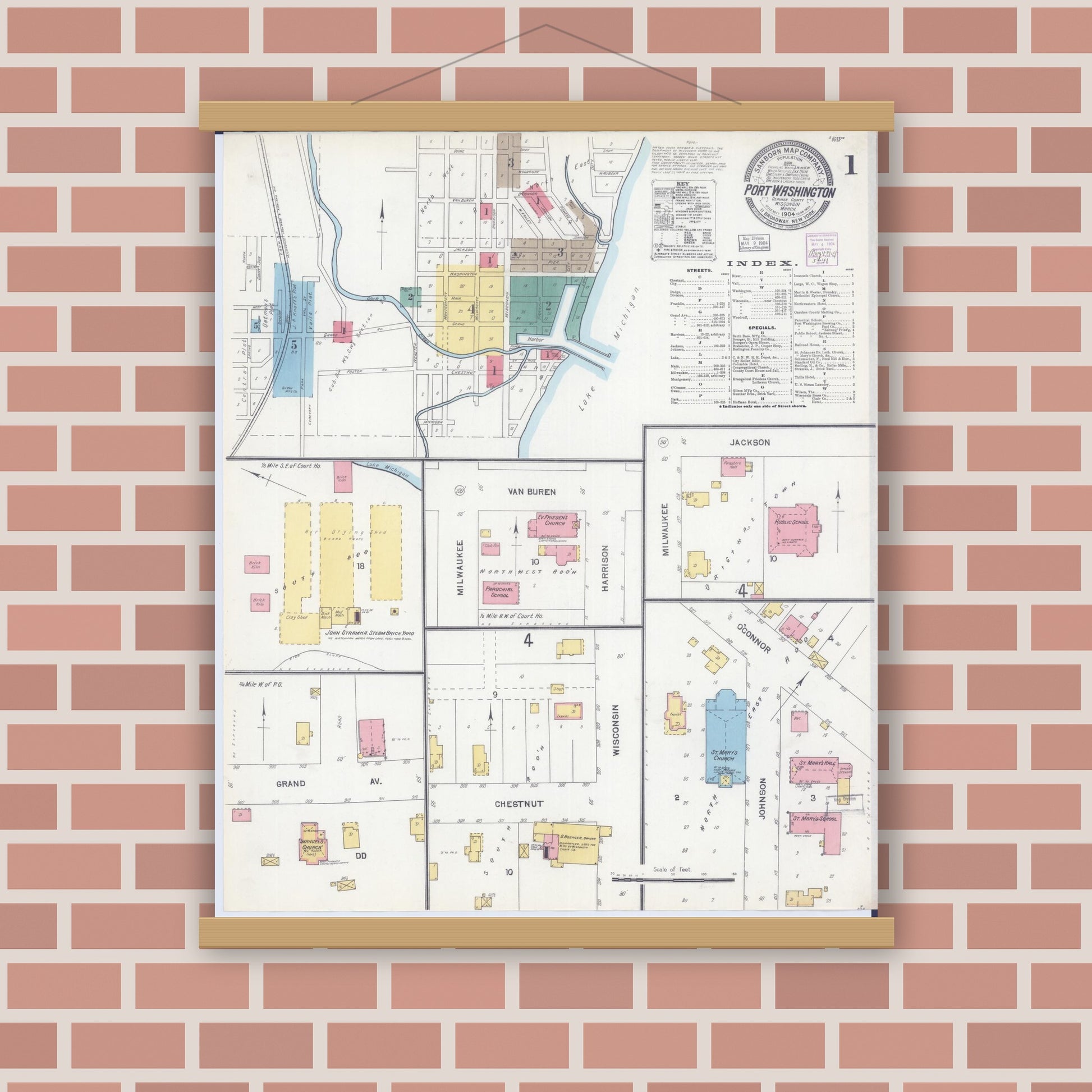 Old map wall art mockup — magnetic wood frame on brick wall — Sanborn Fire Insurance Map from Port Washington, Ozaukee County, Wisconsin (1904) - Complete Map Set