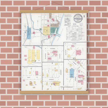 Old map wall art mockup — magnetic wood frame on brick wall — Sanborn Fire Insurance Map from Port Washington, Ozaukee County, Wisconsin (1904) - Complete Map Set