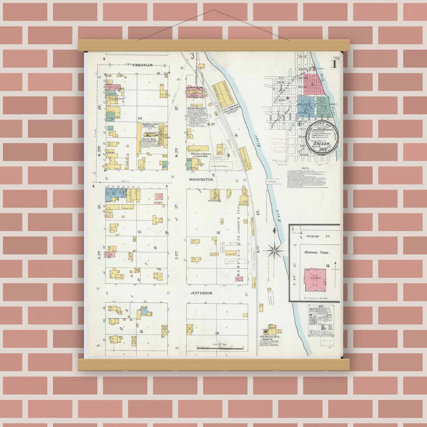 Old map wall art mockup — magnetic wood frame on brick wall — Sanborn Fire Insurance Map from Oregon, Ogle County, Illinois (1899), Sheet #0001