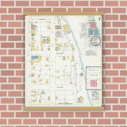 Old map wall art mockup — magnetic wood frame on brick wall — Sanborn Fire Insurance Map from Oregon, Ogle County, Illinois (1899), Sheet #0001