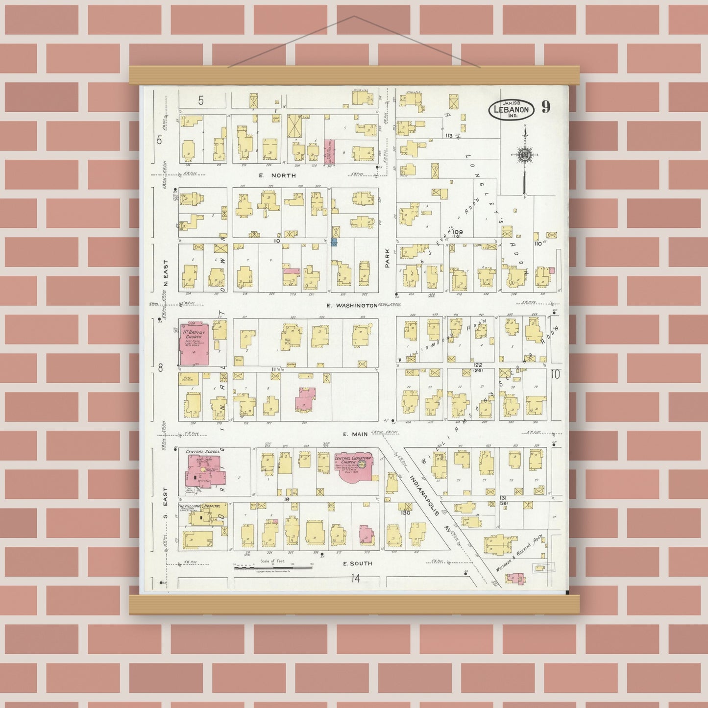 Old map wall art mockup — magnetic wood frame on brick wall — Sanborn Fire Insurance Map from Lebanon, Boone County, Indiana (1919), Sheet #0009