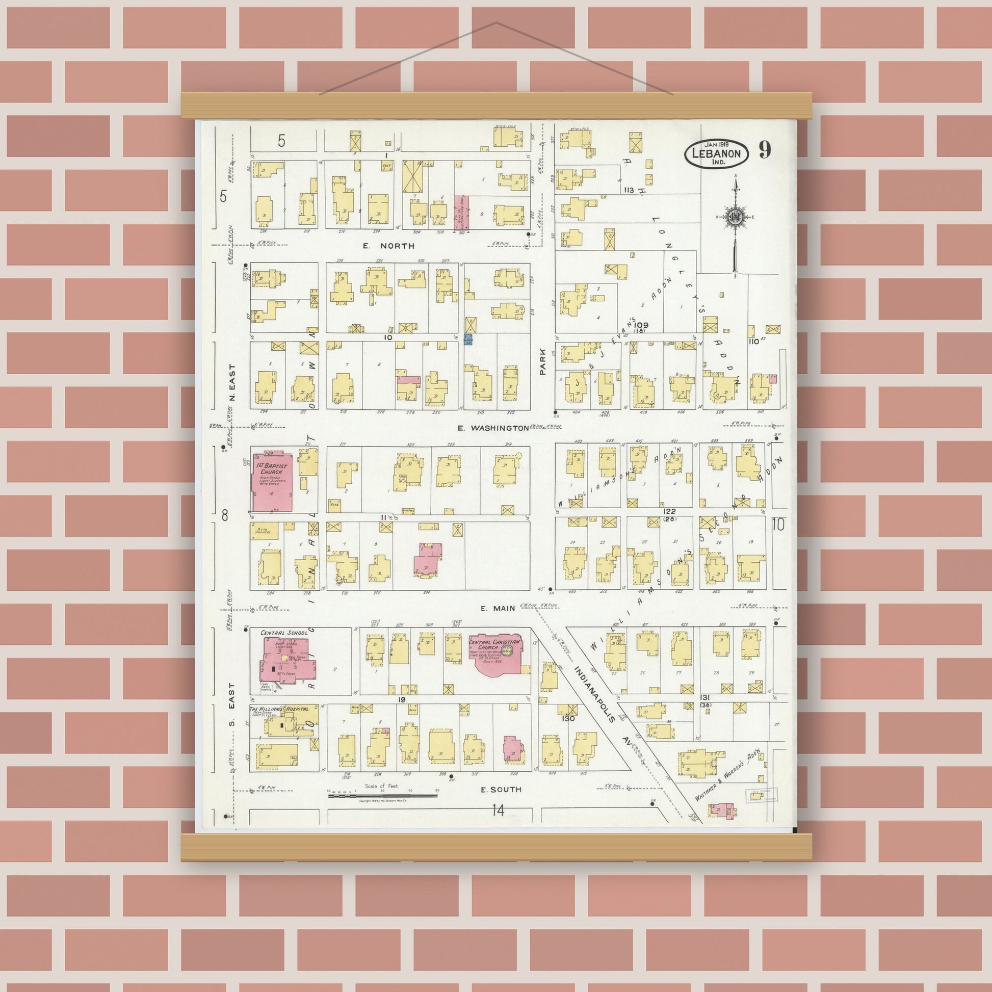 Old map wall art mockup — magnetic wood frame on brick wall — Sanborn Fire Insurance Map from Lebanon, Boone County, Indiana (1919), Sheet #0009