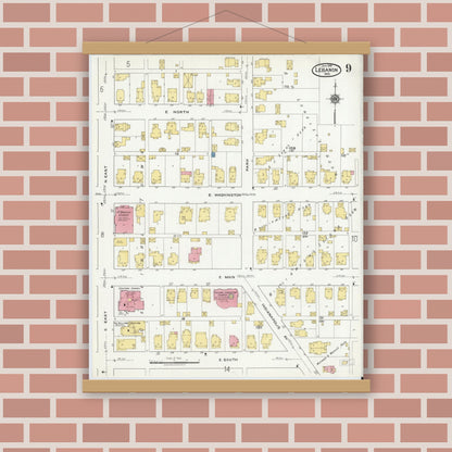 Old map wall art mockup — magnetic wood frame on brick wall — Sanborn Fire Insurance Map from Lebanon, Boone County, Indiana (1919), Sheet #0009