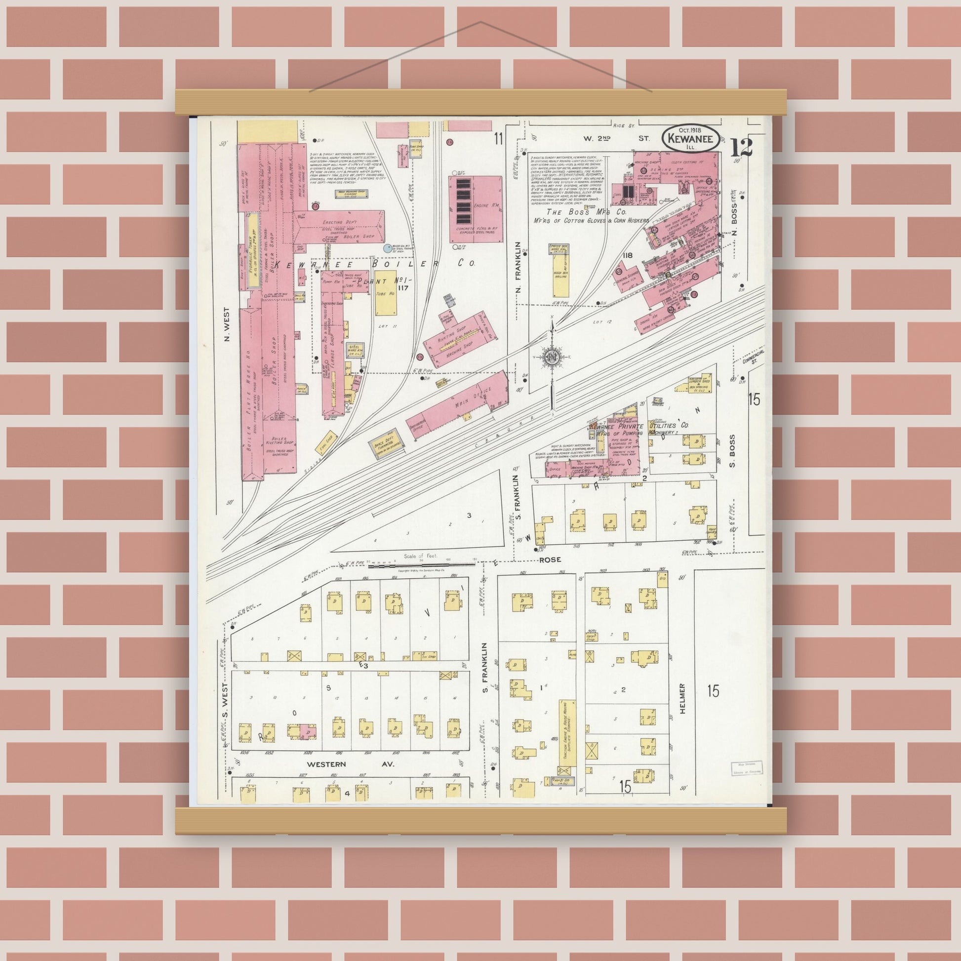 Old map wall art mockup — magnetic wood frame on brick wall — Sanborn Fire Insurance Map from Kewanee, Henry County, Illinois (1918), Sheet #0012