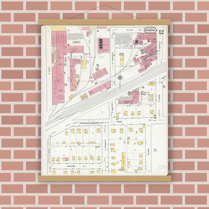 Old map wall art mockup — magnetic wood frame on brick wall — Sanborn Fire Insurance Map from Kewanee, Henry County, Illinois (1918), Sheet #0012