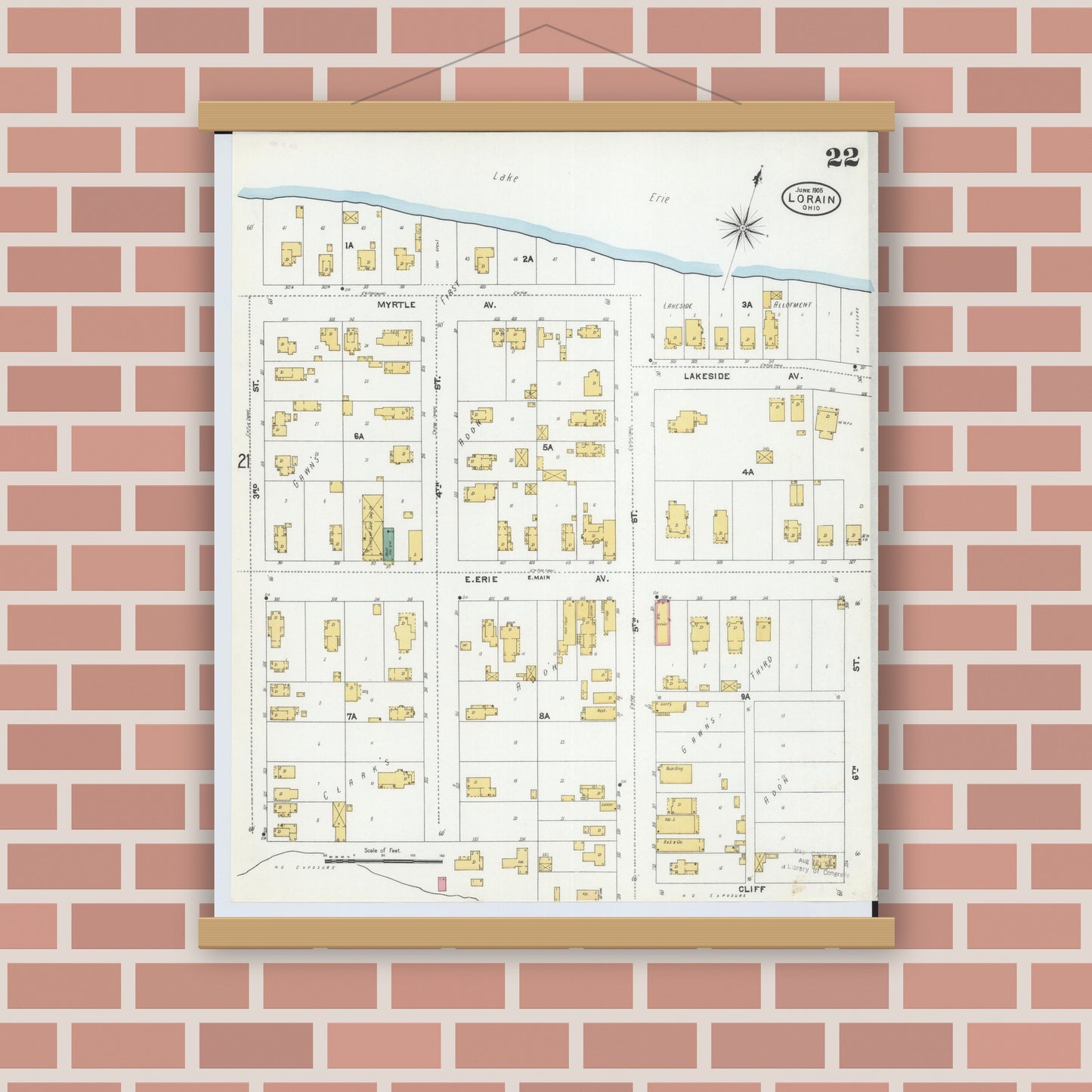 Old map wall art mockup — magnetic wood frame on brick wall — Sanborn Fire Insurance Map from Lorain, Lorain County, Ohio (1905), Sheet #0022