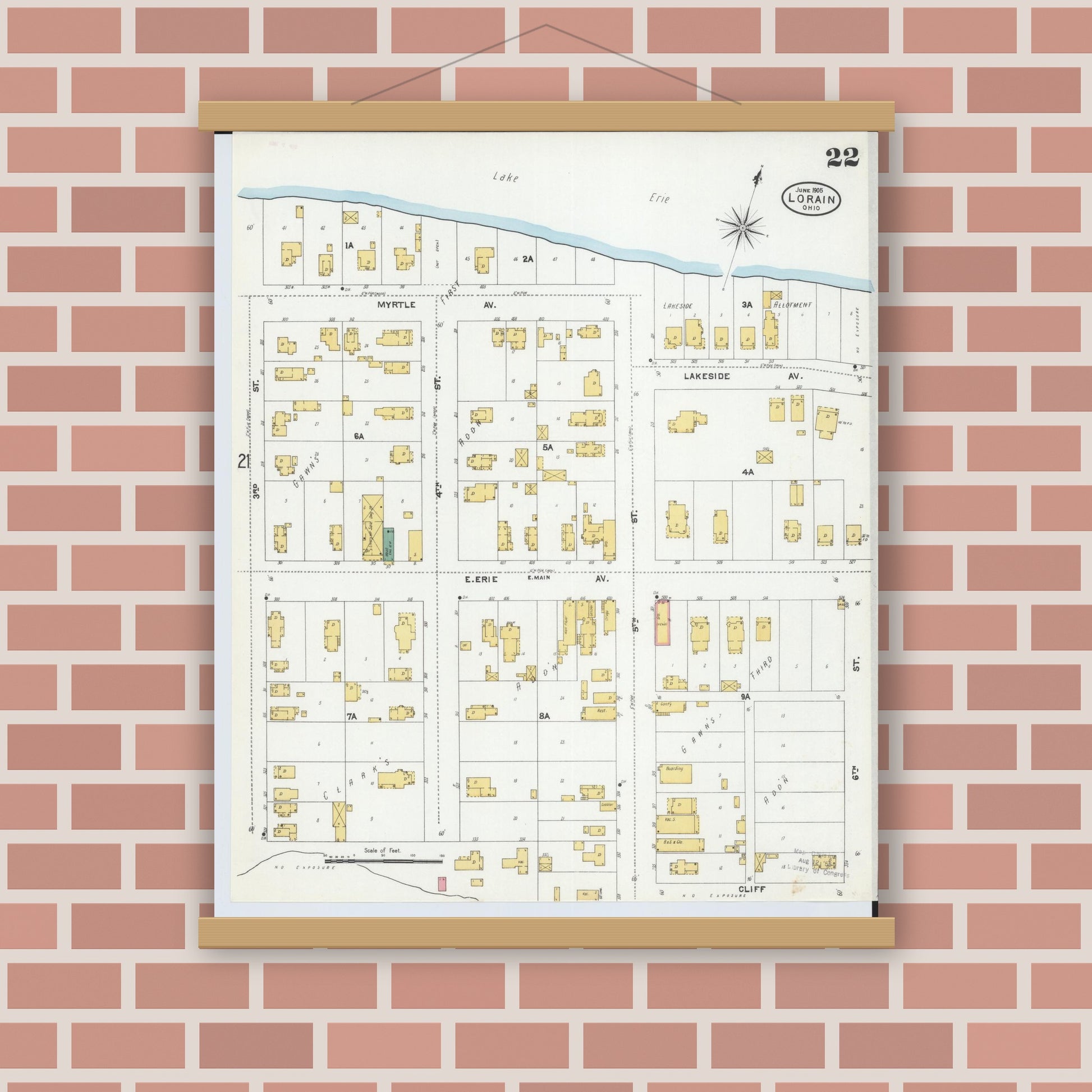 Old map wall art mockup — magnetic wood frame on brick wall — Sanborn Fire Insurance Map from Lorain, Lorain County, Ohio (1905), Sheet #0022
