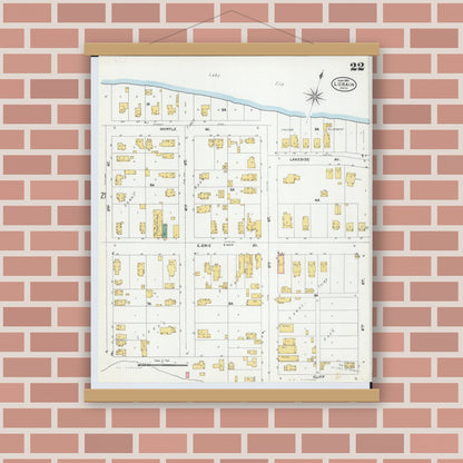 Old map wall art mockup — magnetic wood frame on brick wall — Sanborn Fire Insurance Map from Lorain, Lorain County, Ohio (1905), Sheet #0022