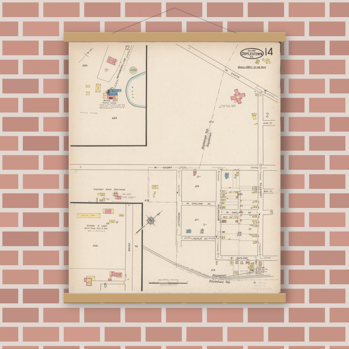Old map wall art mockup — magnetic wood frame on brick wall — Sanborn Fire Insurance Map from Doylestown, Bucks County, Pennsylvania (1922), Sheet #0014