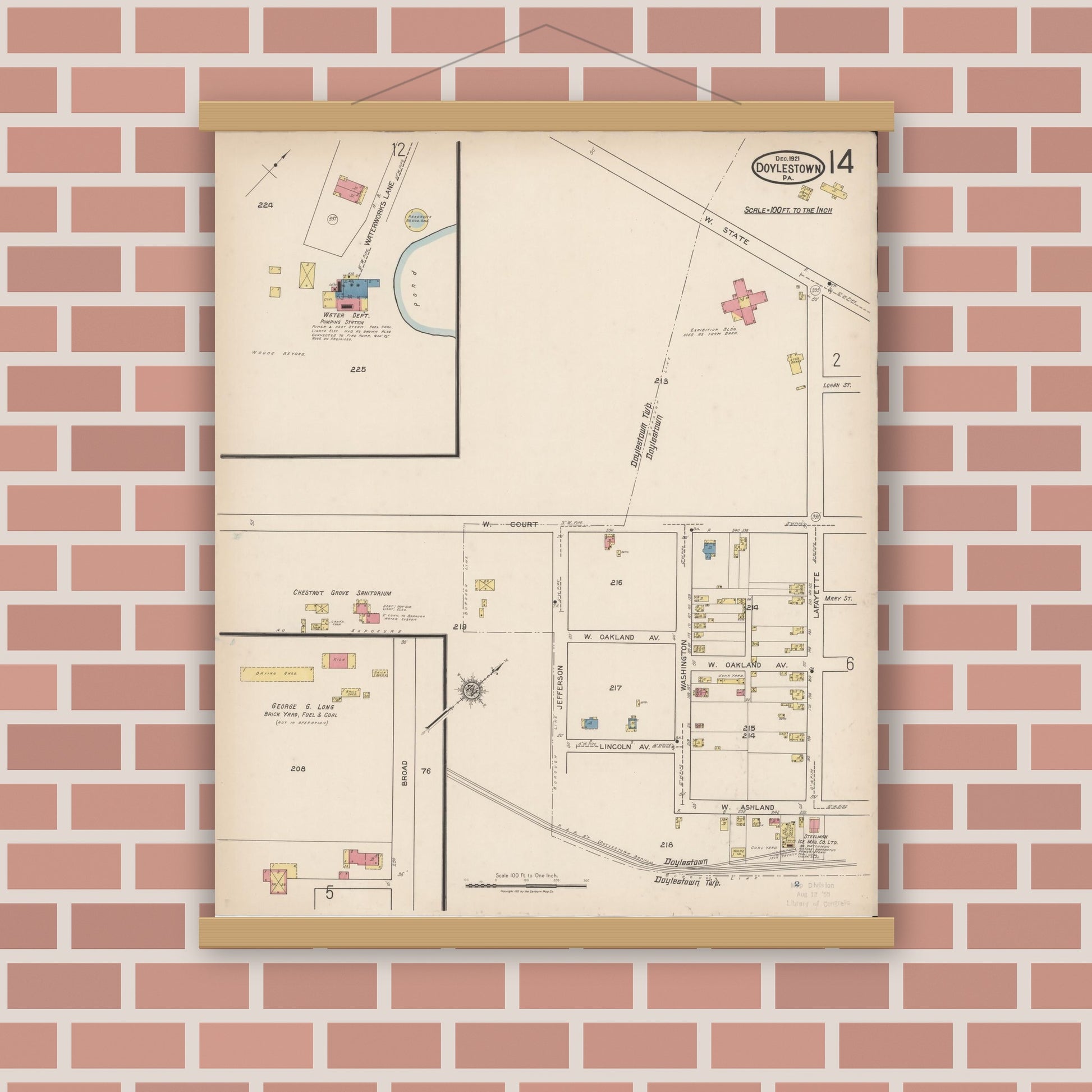 Old map wall art mockup — magnetic wood frame on brick wall — Sanborn Fire Insurance Map from Doylestown, Bucks County, Pennsylvania (1922), Sheet #0014