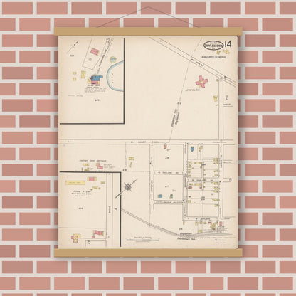 Old map wall art mockup — magnetic wood frame on brick wall — Sanborn Fire Insurance Map from Doylestown, Bucks County, Pennsylvania (1922), Sheet #0014