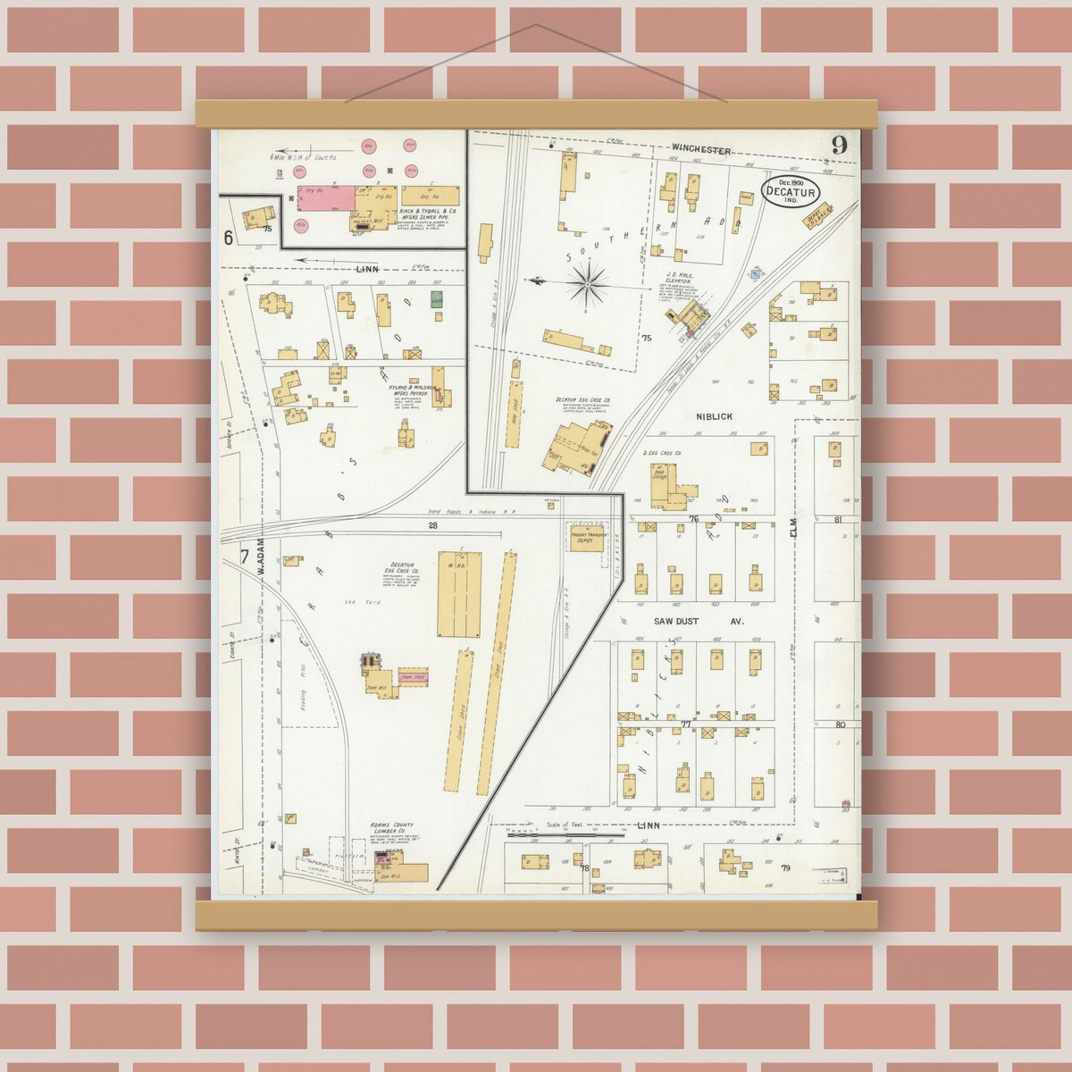 Old map wall art mockup — magnetic wood frame on brick wall — Sanborn Fire Insurance Map from Decatur, Adams County, Indiana (1900), Sheet #0009